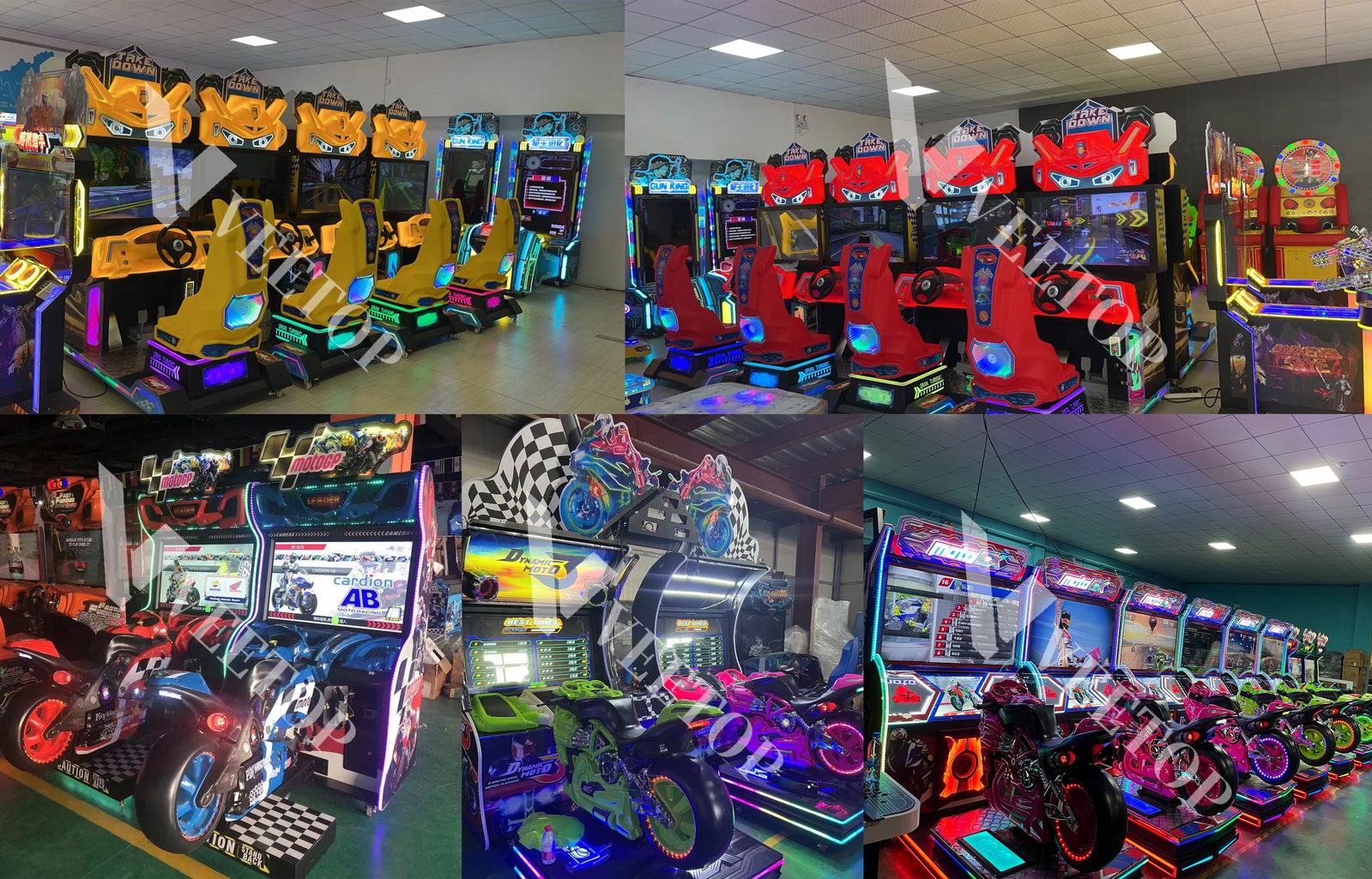 Racing and riding arcade cabinets with a prize wheel on display in the showroom